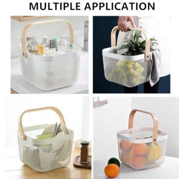 Yopay Mesh Steel Fruit Basket Bin with Wood Handle, White Hanging Storage Organizer, Farmhouse Harvest Gardening Basket for Cabinets, Cupboards, Shelves, Bathroom, Picnic, Shopping