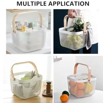 Yopay Mesh Steel Fruit Basket Bin with Wood Handle, White Hanging Storage Organizer, Farmhouse Harvest Gardening Basket for Cabinets, Cupboards, Shelves, Bathroom, Picnic, Shopping