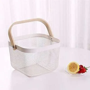 Yopay Mesh Steel Fruit Basket Bin with Wood Handle, White Hanging Storage Organizer, Farmhouse Harvest Gardening Basket for Cabinets, Cupboards, Shelves, Bathroom, Picnic, Shopping