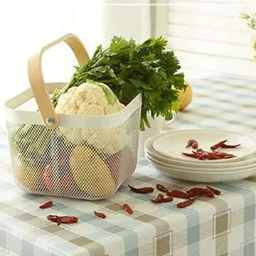 Yopay Mesh Steel Fruit Basket Bin with Wood Handle, White Hanging Storage Organizer, Farmhouse Harvest Gardening Basket for Cabinets, Cupboards, Shelves, Bathroom, Picnic, Shopping