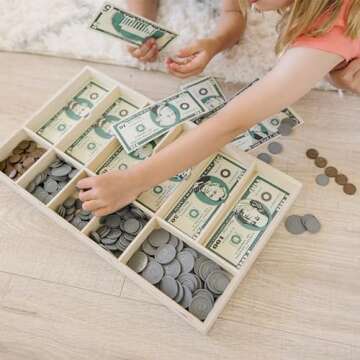 Melissa & Doug Play Money Set - Educational Toy With Paper Bills and Plastic Coins (50 of Each Denomination) and Wooden Cash Drawer for Storage