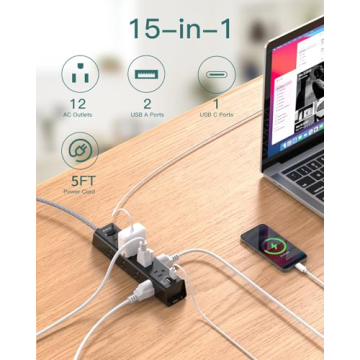 Surge Protector Power Strip - 5 FT Extension Cord with 12 AC Outlets