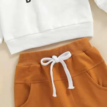 Toddler Baby Boy Fall Winter Outfits Letter Crewneck Sweatshirt Casual Pants 2Pcs Clothes Set White-Brown 6-12 Months