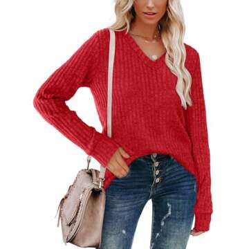 SAMPEEL Long Sleeve Shirts for Women V Neck Basic Fall Tops Winter Christmas Sweater Valentine's Day...