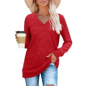 SAMPEEL Long Sleeve Shirts for Women V Neck Basic Fall Tops Winter Christmas Sweater Valentine's Day Outfits 2025 Red L