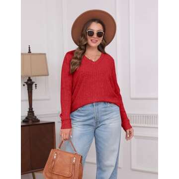 SAMPEEL Long Sleeve Shirts for Women V Neck Basic Fall Tops Winter Christmas Sweater Valentine's Day Outfits 2025 Red L