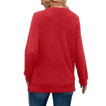 SAMPEEL Long Sleeve Shirts for Women V Neck Basic Fall Tops Winter Christmas Sweater Valentine's Day Outfits 2025 Red L
