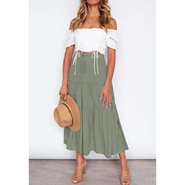 HAEOF Women's Flowy Boho Maxi Skirt Elastic High Waist A Line Ruffle Tiered Summer Trendy Beach Long...