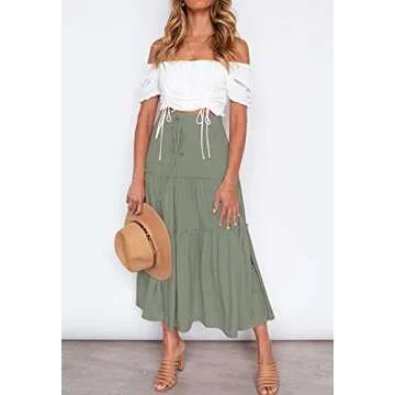 HAEOF Women's Flowy Boho Maxi Skirt Elastic High Waist A Line Ruffle Tiered Summer Trendy Beach Long...