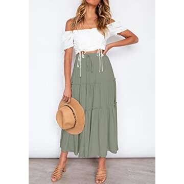 HAEOF Women's Flowy Boho Maxi Skirt Elastic High Waist A Line Ruffle Tiered Summer Trendy Beach Long Skirts with Pockets(Green, S)