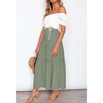 HAEOF Women's Flowy Boho Maxi Skirt Elastic High Waist A Line Ruffle Tiered Summer Trendy Beach Long Skirts with Pockets(Green, S)