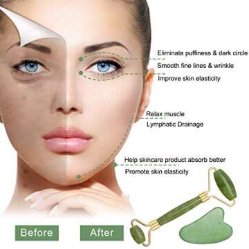 Jade Roller and Gua Sha Tool Set, Natural Real Jade Roller for Face, Beauty Jade Facial Roller Massa...