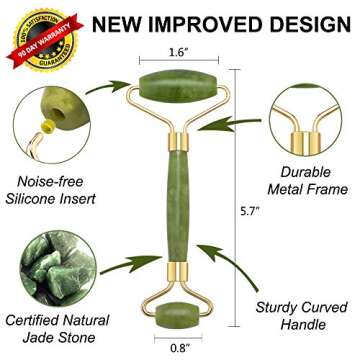 Jade Roller and Gua Sha Tool Set, Natural Real Jade Roller for Face, Beauty Jade Facial Roller Massage Tool for Rejuvenate Skin, Anti-wrinkle, Anti Aging, No Squeaks, Green