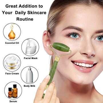 Jade Roller and Gua Sha Tool Set, Natural Real Jade Roller for Face, Beauty Jade Facial Roller Massage Tool for Rejuvenate Skin, Anti-wrinkle, Anti Aging, No Squeaks, Green