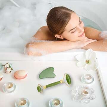 Jade Roller and Gua Sha Tool Set, Natural Real Jade Roller for Face, Beauty Jade Facial Roller Massage Tool for Rejuvenate Skin, Anti-wrinkle, Anti Aging, No Squeaks, Green