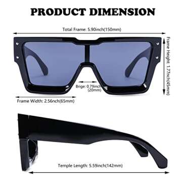 NULOOQ Retro Millionaire Sunglasses for Women Men Vintage Fashion Flat Top Thick Frame Square Sun Glasses (Black Frame/Gray Lens)