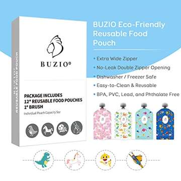 BUZIO Reusable Food Pouches, 12 Packs 5oz Toddlers Food Storage Pouch, Double Zipper Squeeze Pouches Freezer Safe for Kids DIY Homemade Organic Puree