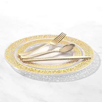 Supernal 360pcs Plastic Gold Silverware,Cutlery,Disposable Utensils,120 Gold Knives,120 Gold Forks,120 Gold Spoons,Perfect for Birthday,Party,Wedding