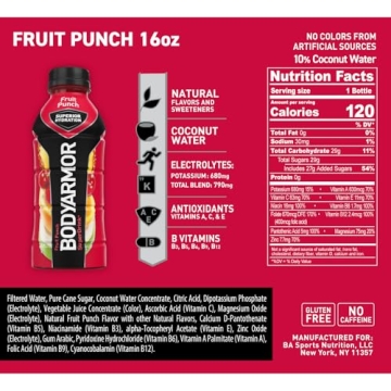 BODYARMOR Sports Drink Sports Beverage, Fruit Punch, Natural Flavors With Vitamins, Potassium-Packed Electrolytes, No Preservatives, Perfect For Athletes, 16 Fl Oz (Pack of 12)