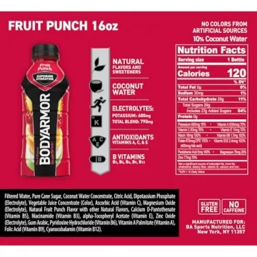 BODYARMOR Sports Drink Sports Beverage, Fruit Punch, Natural Flavors With Vitamins, Potassium-Packed Electrolytes, No Preservatives, Perfect For Athletes, 16 Fl Oz (Pack of 12)