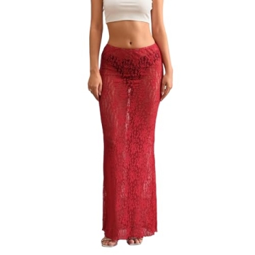 Women's Lace Long Skirt Low Rise A-line Midi Skirt Y2K Summer Elegant Beach Party Maxi Skirts