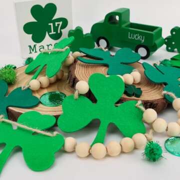AKEROCK St Patricks Day Garland, Felt Shamrock Banner with Wooden Beads for St Patricks Day Decor, S...