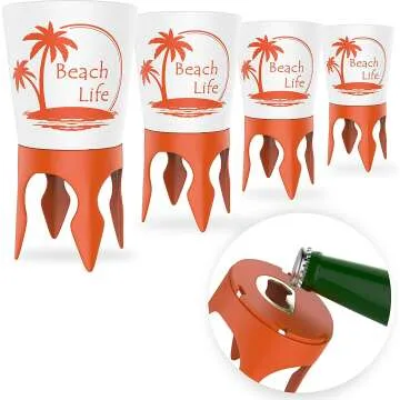 Beach Cup Holders with Bottle Opener - 4 Pack