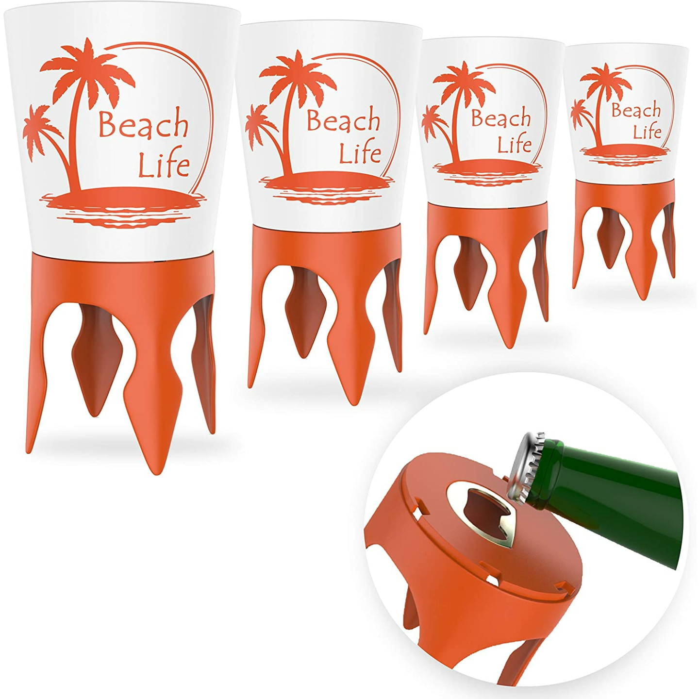 Beach Cup Holders with Bottle Opener - 4 Pack