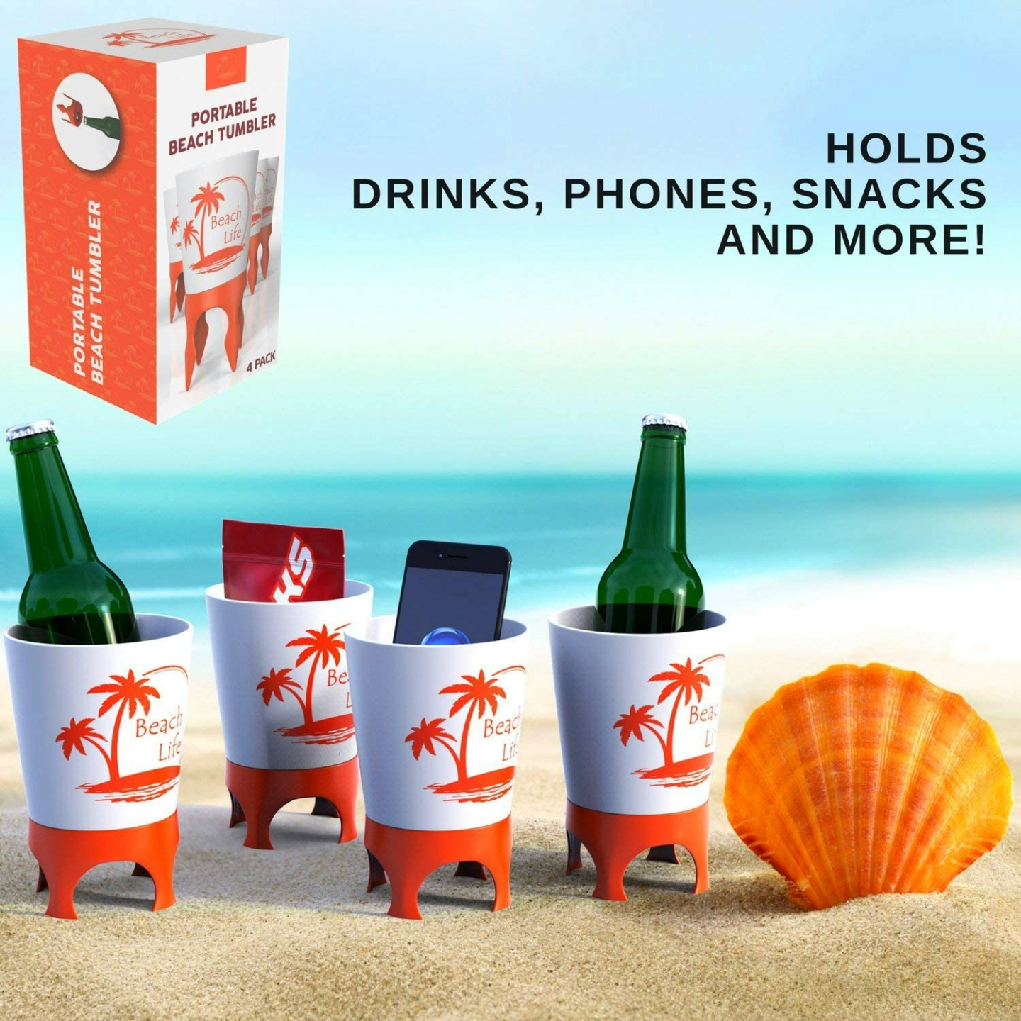 Beach Cup Holders with Bottle Opener - 4 Pack