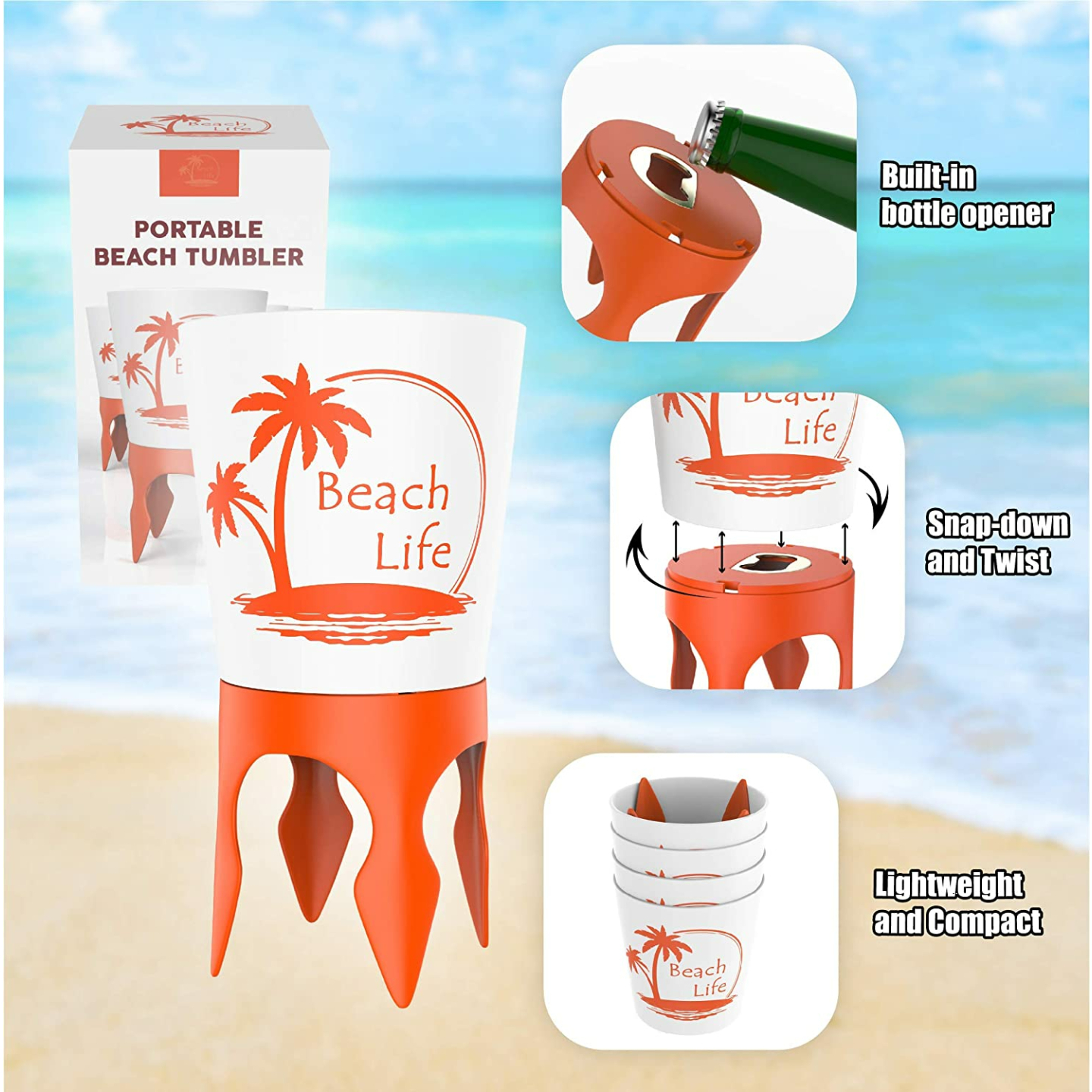 Beach Cup Holders with Bottle Opener - 4 Pack