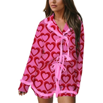 Thopavenoir Women Valentine's Day Pajamas Set with Bow Tie and Ruffle Shorts