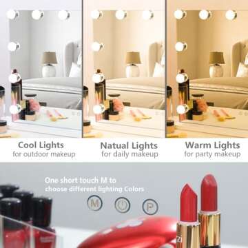 AMST Vanity Mirror with Lights, Hollywood Makeup Mirror Lighted Vanity Mirror with 12pcs Dimmable Bulbs, 3 Color Modes, Smart Touch Control, Tabletop or Wall Mounted, White, 22.83"x 18"