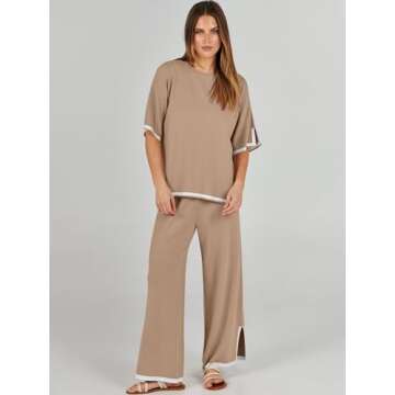 Caracilia Womens Two Piece Outfits 2024 Summer Knit Sweater Sets Short Sleeve Lounge Matching Set Lo...