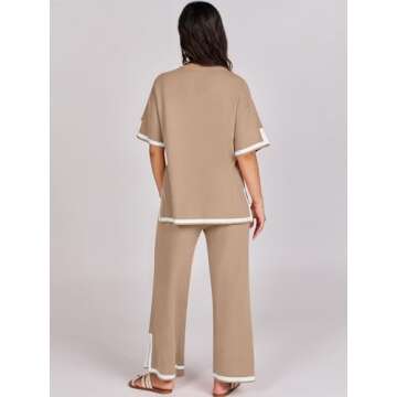 Caracilia Womens Two Piece Outfits 2024 Summer Knit Sweater Sets Short Sleeve Lounge Matching Set Lounge Wear Fashion Clothes Khaki X-Large