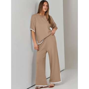 Caracilia Womens Two Piece Outfits 2024 Summer Knit Sweater Sets Short Sleeve Lounge Matching Set Lounge Wear Fashion Clothes Khaki X-Large