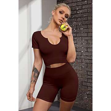 FAFOFA Women 2 Piece Workout Outfits Crop Tops Seamless Booty Shorts Yoga Gym Activewear Set L, Coffee, FAFCLS3077BR-L