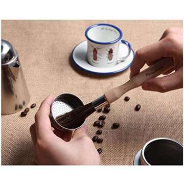 Coffee Grinder Cleaning Brush - Espresso Maker/Machine Cleaner Tool for Home Kitchen Barista - Beechwood Wood Handle, Natural Boar Bristles, Leather Hanging Loop, 8"
