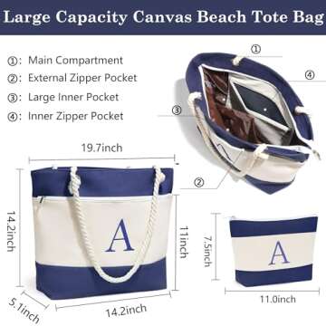 YOOLIFE Beach Bag for Women, Personalized Waterproof Sandproof Women Tote Bag Pool Bag with Zipper for Gym Grocery Travel with Makeup Bag Cosmetic Bag Gifts for Birthday Travel Essentials Pool Bag M