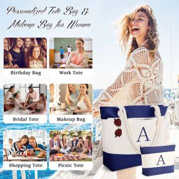 YOOLIFE Beach Bag for Women, Personalized Waterproof Sandproof Women Tote Bag Pool Bag with Zipper for Gym Grocery Travel with Makeup Bag Cosmetic Bag Gifts for Birthday Travel Essentials Pool Bag M