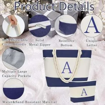 YOOLIFE Beach Bag for Women, Personalized Waterproof Sandproof Women Tote Bag Pool Bag with Zipper for Gym Grocery Travel with Makeup Bag Cosmetic Bag Gifts for Birthday Travel Essentials Pool Bag M