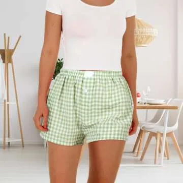 Bunnycool 3 Pack Women's Boxer Shorts, Casual Summer Pajama Gingham Shorts Sleep Plaid Pants Lounge Y2k Beach Bottoms 2025(Red, Light Blue, Light Green,Large,Plaid)