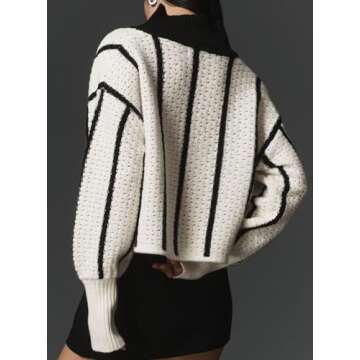 Ladyful Women's Tie Front Striped Cardigan Sweater Cropped Long Sleeve Crochet Tops Loose Ribbed Kni...