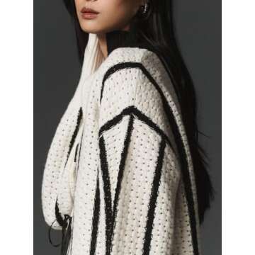 Ladyful Women's Tie Front Striped Cardigan Sweater Cropped Long Sleeve Crochet Tops Loose Ribbed Knit Fall Outfits White