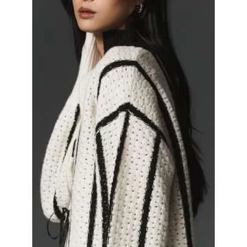 Ladyful Women's Tie Front Striped Cardigan Sweater Cropped Long Sleeve Crochet Tops Loose Ribbed Knit Fall Outfits White