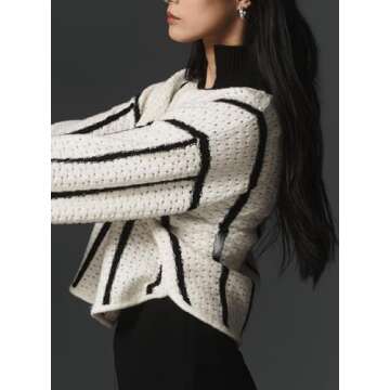 Ladyful Women's Tie Front Striped Cardigan Sweater Cropped Long Sleeve Crochet Tops Loose Ribbed Knit Fall Outfits White