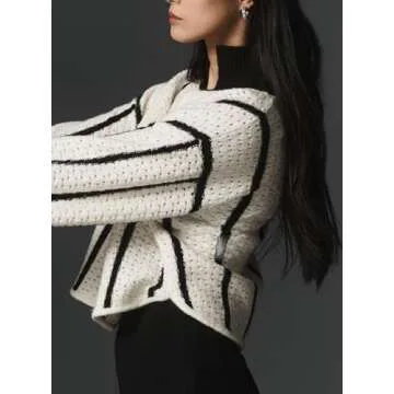 Ladyful Women's Tie Front Striped Cardigan Sweater Cropped Long Sleeve Crochet Tops Loose Ribbed Knit Fall Outfits White