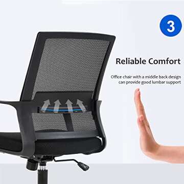 FDW Office Chair Ergonomic Desk Chair Mid-Back Mesh Computer Chair Lumbar Support Comfortable Executive Adjustable Rolling Swivel Task Chair with Armrests,Black