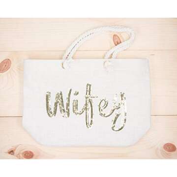 ELEGANTPARK Wifey Tote Bridal Shower Gift Wedding Bride Gifts Honeymoon Wedding Beach Bag Jute Bag with Gold Sequin Interior Pocket