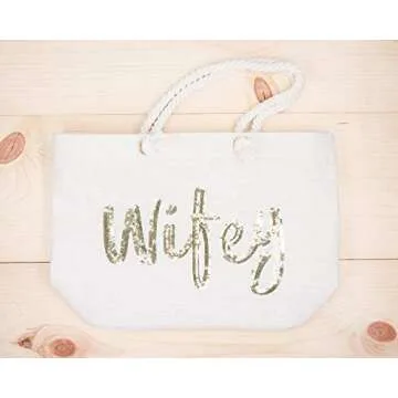 ELEGANTPARK Wifey Tote Bridal Shower Gift Wedding Bride Gifts Honeymoon Wedding Beach Bag Jute Bag with Gold Sequin Interior Pocket