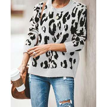 HZSONNE Women's Casual Leopard Crew Neck Loose Fit Sweater Batwing Sleeve Slouchy Pullover Knitted Fuzzy Jumper Tops (White,Medium)